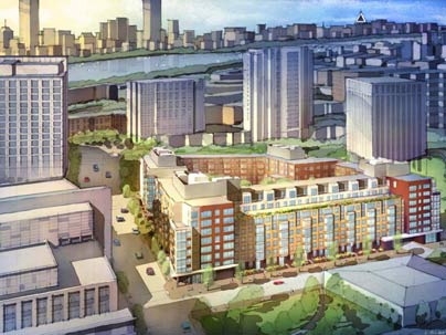 An artist's rendering of the University Residential Communities, as seen from the north. The planned complex at 303 Third Street in Cambridge will represent a new housing alternative for members of the Institute community who want to stay involved in life at MIT after they retire.