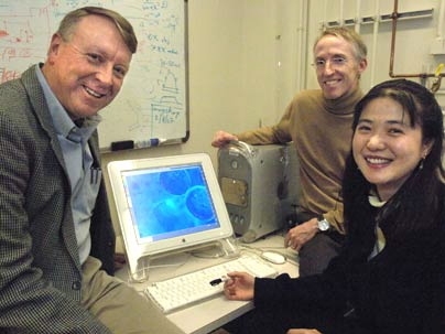 From left, Morris Cohen Professor of Materials Science and Engineering Edwin Thomas, who is also department head, Professor Patrick Doyle of chemical engineering and materials science postdoc Ji-Hyun Jang. The researchers have designed a technique to control the size, shape and texture of microparticles.