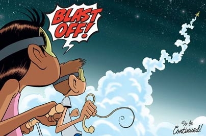 Howtoons characters Celine and Tucker, wearing safety goggles made from plastic soda bottles, launch a rocket that is also made from an old plastic soda bottle. The scene is the culmination of a set of detailed how-to instructions, which the comic presents in graphic form.