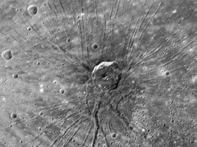 The MESSENGER spacecraft obtained this image of Mercury's
  Caloris basin showing a set of troughs radiating outward, nicknamed 'the spider'
  by the science team.