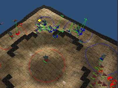 A screenshot of pre-programmed strategies for a match between two of  the teams participating in MIT's BattleCode programming competition held during IAP.