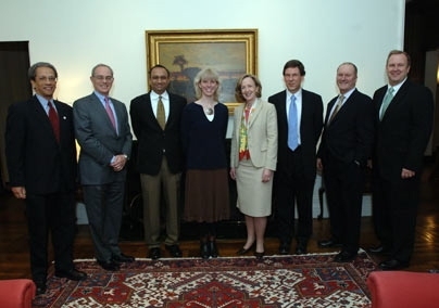 The MacVicar teachings awards were announced and celebrated at a gathering at Gray House on Friday evening. Gathered to celebrate were, from left, Dean for Undergraduate Education Daniel E. Hastings, Provost Raphael L.. Reif, Sanjay E. Sarma, associate professor of mechanical engineering, Tania Baker, professor of biology, President Susan Hockfield, Barton Zwiebach, professor of physics, Stephen J...