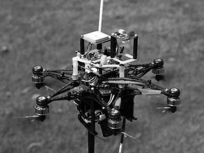 The creators of the MIT six-rotor vehicle, above, developed in collaboration with Ascending Technologies GmbH in Germany, won a tie for first place in a competition to develop a micro air vehicle to aid in a hypothetical hostage situation.