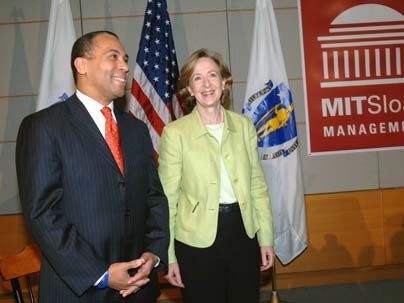 Massachusetts Governor Deval Patrick and MIT President Susan Hockfield share the stage in Wong Auditorium prior to an address by Gov. Patrick.