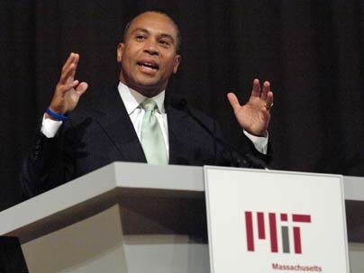 Deval Patrick addresses a crowd at MIT on Earth Day, April 22. The Massachusetts governor told the crowd that positioning the state as a center of innovation and clean energy alternatives could result in significant economic benefits.