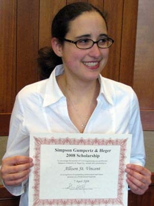 Junior Allison St. Vincent won a $5000 Simpson Gumpertz & Heger  Scholarship for her essay calling for an interdisciplinary approach across the subdisciplines of the civil and environmental engineering fields to help ensure that engineers implement sustainable solutions.