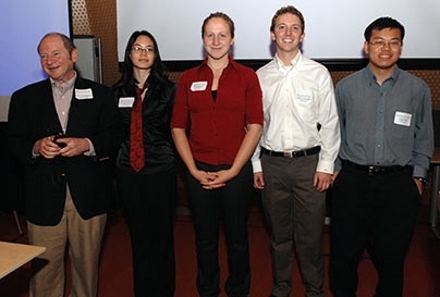 Electrical Engineering and Computer Science Professor Hal Abelson, left, stands proudly with students who won the Google Android Prize, just after their presentation. They are Christina Wright,senior in electrical engineering and computer science, Claire Bayley,sophomore in physics, Carter Jernigan, senior in electrical engineering and computer science, and Jasper Lin, senior in math.