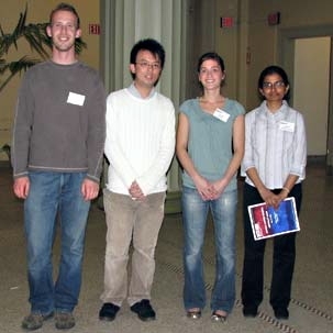 Graduate student winners (left to right): Jared Toettcher (3rd place), Clement Tsz Yan Chan (2nd place), Erika Noonan (2nd place), and Aarthi Chandrasekaran (1st place).