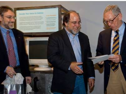EECS faculty member Ronald Rivest receives the Burgess and Elizabeth Jamieson Award from Mr. Jamieson(right) while assoc. dept. head Duane Boning looks on (left).