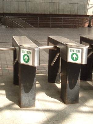 Turnstiles at MBTA Alewife station.