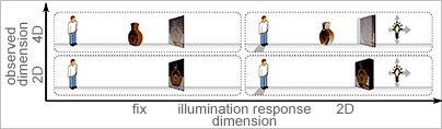 Traditional flat screen displays (bottom left) present 2-D images. 3-D and 4-D displays have been proposed making use of lenslet arrays to shape a fixed outgoing light field for horizontal or bidirectional parallax (top left).