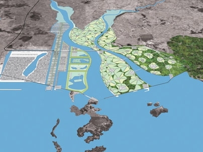 Architectural drawing of  proposed landfill development in South Korea. An MIT team is among the winners of a contest to design the 401 square kilometer project.
