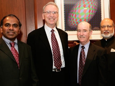 From left are NAE members Subra Suresh, MIT dean of engineering; Irwin Jacobs '57 M.S., '59 Sc.D.; and professors Robert Armstrong and Arvind. Armstrong and Arvind were elected members in 2008.