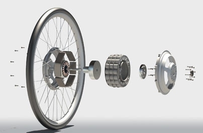 Exploded image of rear wheel of smart bicycle being developed in collaboration with the MIT Media Lab's Smart Cities Group. A regenerative motor is used to harvest the energy created when braking and release it while cycling, in a manner similar to hybrid cars.