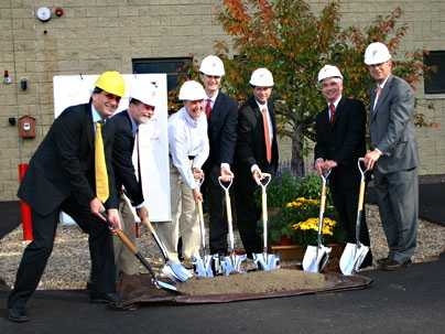 The groundbreaking ceremony for the new computer center at the MIT-Bates Linear Accelerator Center included, from left, Bolek Wyslouch, professor in physics and the Laboratory for Nuclear Science (LNS);
Robert Redwine, professor of physics and director of MIT-Bates; Karen Dow of LNS and associate director of MIT-Bates; Ed Bertschinger, head of the MIT Department of Physics; Brad Black, principal ...