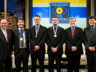From left to right: Richard Maulsby (United States Patent and Trademark Office), Timothy Lu (grand winner, MIT), Greg Schroll (undergraduate winner, MIT), Paul Podsiadlo (graduate winner, University of Michigan), Neil Conan (NPR host) and Jeff Pan (Abbott representative who was also a judge).