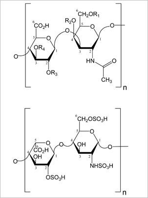 Top image depicts the chemical structure of chondroitin sulfate, the contaminant found in batches of heparin. Bottom image shows the chemical structure of normal heparin.