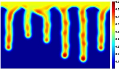 Saturation maps from a numerical simulation of the proposed model show that the flow dynamics and the distinctive saturation overshoot at the tip of the fingers agree with experimental observations.