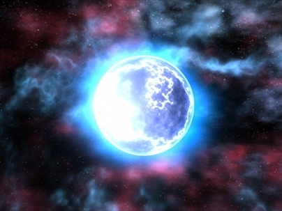 A 3-D representation of Cas A. The green region is mostly iron observed in X-rays; the yellow is mostly argon and sillicon; the red is cooler debris and the blue region is the outer blast wave.