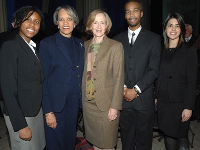From left, graduate student Joy Johnson, keynote speaker Johnnetta Cole, President Susan Hockfield, senior Matt Gethers and senior Ana Lorena Ramos Maltés gather following the 35th annual MLK Breakfast Celebration. <a onclick="MM_openBrWindow('mlk-2-enlarged.html','','width=509, height=583')">
<span onmouseover="this.className='cursorChange';">
<strong>Open image gallery</strong>
</span>
</a>
<...