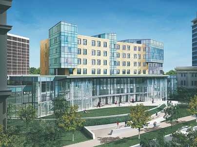 Once it is completed in 2010, the new MIT Sloan building (E62, pictured in this artist rendering) should be the greenest building on campus. The six-story structure will incorporate a number of environmentally friendly features including daylighting, chilled beams and radiant ceiling panels.