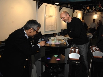 Muriel R. Cooper Professor of Media Arts and Sciences Hiroshi Ishii shows video artist Bill Viola around some of the projects in the Tangible Bits Lab.