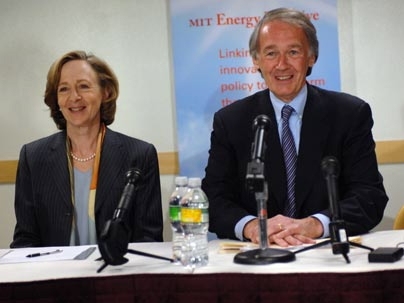 President Susan Hockfield and Rep. Edward Markey of Massachusetts answer questions from press after an MIT clean energy policy forum on April 13.