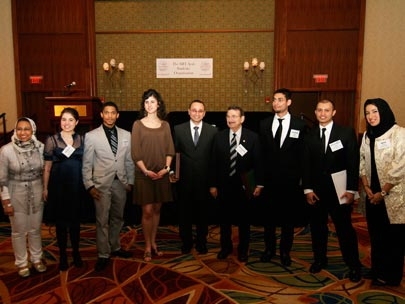 From left to right, Yasmeen Al-Dawsari, Dahlia Alkekhia, Lorenz Brown, Danielle Issa, Sami Shalabi, Mostafa El-Sayed, Hussam Busfar, Mohamed Zaghoo and Iman Kandil at the MIT Arab Students' Organization's Sixth Annual Science and Technology Awards Banquet on Saturday, April 11.