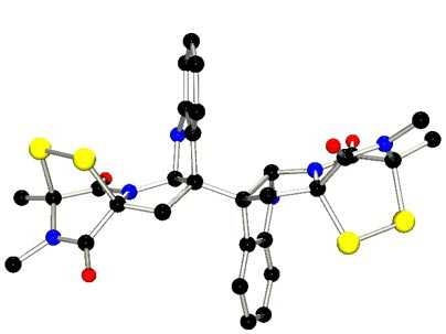 Structural diagram of  (+)-11,11'-Dideoxyverticillin A. MIT chemists recently synthesized the compound, which has shown anti-cancer activity, for the first time.