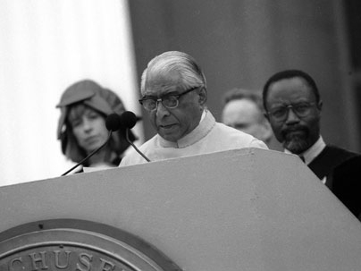Swami Sarvagatananda, a former chaplain for Hindu students at MIT, delivers the invocation at the 1998 Commencement ceremonies.