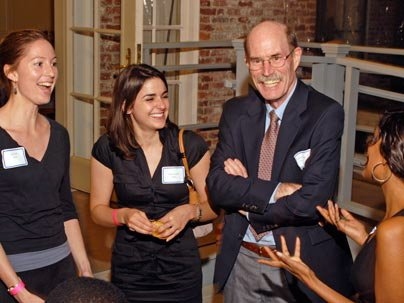 At the Department of Civil and Environmental Engineering (CEE) senior and awards dinner, Senior Lecturer Pete Shanahan chats with three CEE MEng students. Left to right: Clair Collin, Gianna Leandro, Shanahan and Mehua Bhattacharya.