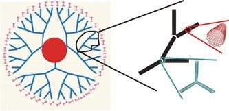 The figure illustrates a hierarchical network of carbon nanotubes mimicking a cell's protein network to connect a small heat source (red area) to a larger area that serves as a heat sink.