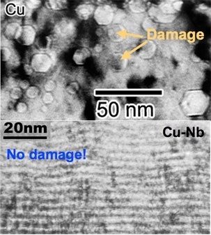 When copper is irradiated, defects form in the metal lattice (top photo). In a nanocomposite of copper and niobium, radiation damage is contained by interfaces between the copper and niobium layers (bottom photo).