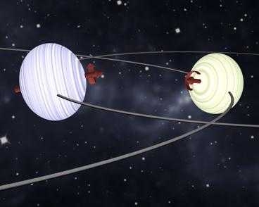 This artist's conception of the double-star system DI Herculis illustrates the key findings from the new research. Spectroscopic observations showed that the two stars are both tipped over almost horizontally, relative to the plane of their orbits around each other. Because they are rotating rapidly which creates equatorial bulges, the tidal interactions between the two slows down a regular variat...