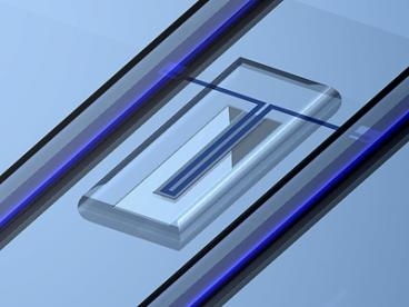 This schematic drawing shows the sensor Manalis and colleagues built to weigh single cells. Cells flow through a channel (dark blue lines) that carries them to the end of a vibrating cantilever and back.