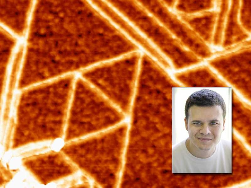 Pablo Jarillo-Herrero (inset) has won a 2009 David and Lucile Packard Fellowship. The image here shows the crystallographic structure of graphene, a novel material that Jarillo-Herrero plans to study with his Packard grant.