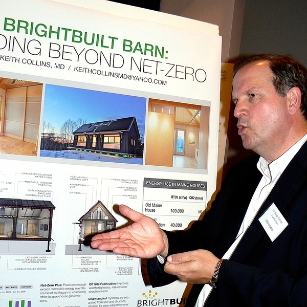 Dr. Keith Collins ’70 explains the details of his zero-net-energy house in Rockport, Maine.