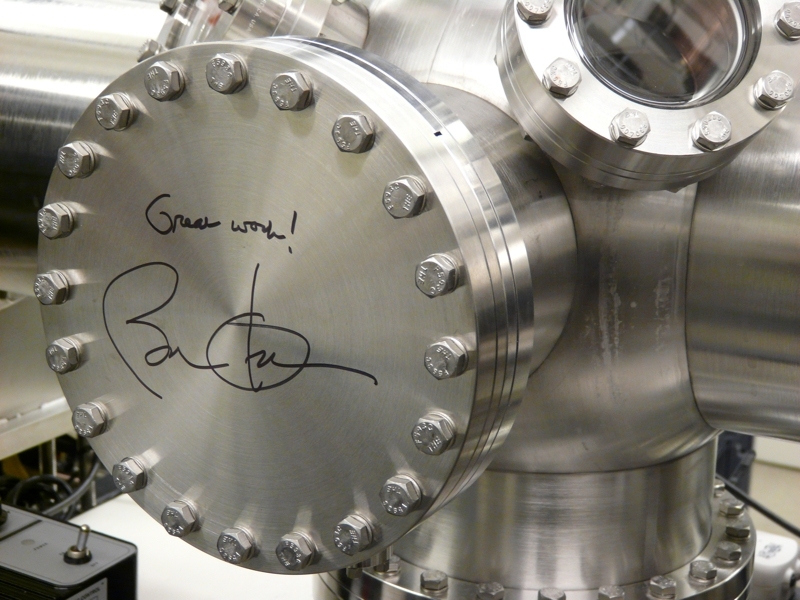 During a tour of MIT research labs, President Barack Obama left his signature for MIT students on a piece of equipment in the Organic and Nanostructured Electronics Laboratory.