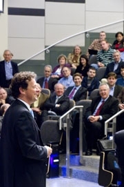 Tony Hayward takes questions from the audience after his lecture.