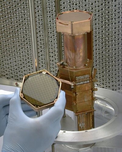 Closeup of a CDMS detector, made of crystal germanium.