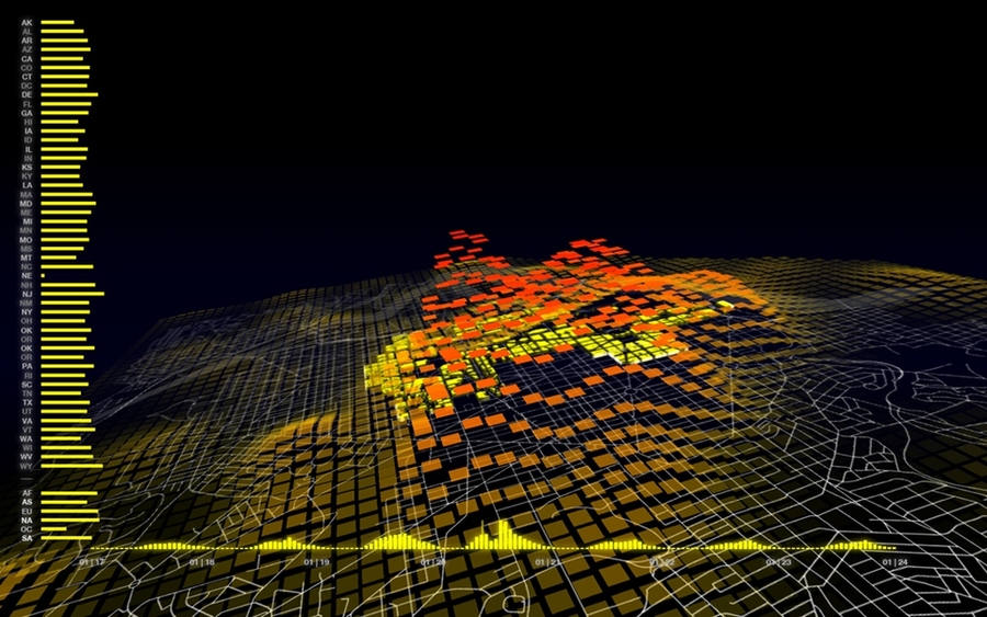 An example of the sort of visualization of real time information that will be part of the Future of Urban Mobility research effort; this image illustrates the emotional flow of Obama's inauguration as measured by the number of cell phone calls during the event.