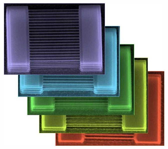 Five different test structures feature stacks of nanowires with different numbers of levels. The bottom structure has only one level; the top structure has five.