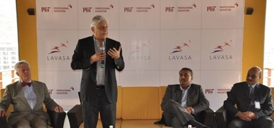 From left to right, Richard de Neufville, professor of engineering systems and of civil and environmental engineering; Ajit Gulabchand, chairman, Lavasa Corporation, Shri; Praful Patel, minister for civil aviation, Union Government of India; and Bhaskar Pant, executive director of MIT Professional Education at the commencement of the three-day workshop on airport and sirlines systems at Lavasa.