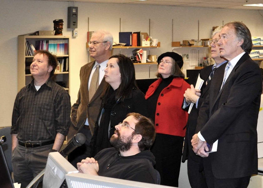 Representative Edward J. Markey (far right) views a monitor recording the interior of the Alcator C-Mod tokamak, in anticipation of the next plasma shot. Accompanying him are MIT alumus Reiner Beeuwkes and his wife, Nancy; Congressional Aide Sarah Butler; PSFC Director Miklos Porkolab and Senior Research Scientist Martin Greenwald. Nuclear science and engineering graduate student Matt Reinke (seat...