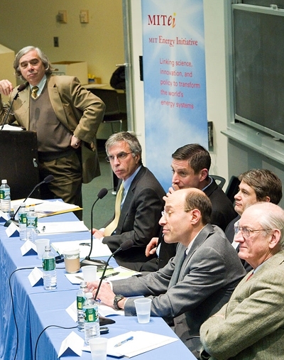 From top to bottom, Ernest J. Moniz, Robert Stavins, Michael Greenstone, Steven Ansolabehere, Edward Steinfeld and Henry Jacoby at the panel discussion “the Road from Copenhagen.”