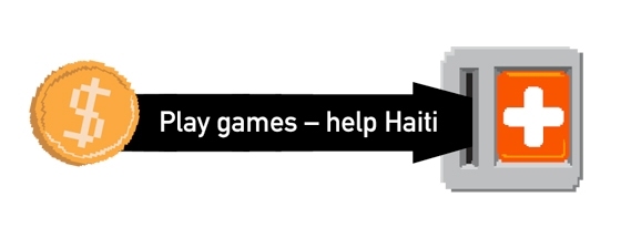 Left, a yellow coin with a dollar sign on it has a black arrow on its right, with the text "Play games - help Haiti" in white. The arrow points to a gray and orange coin slot.