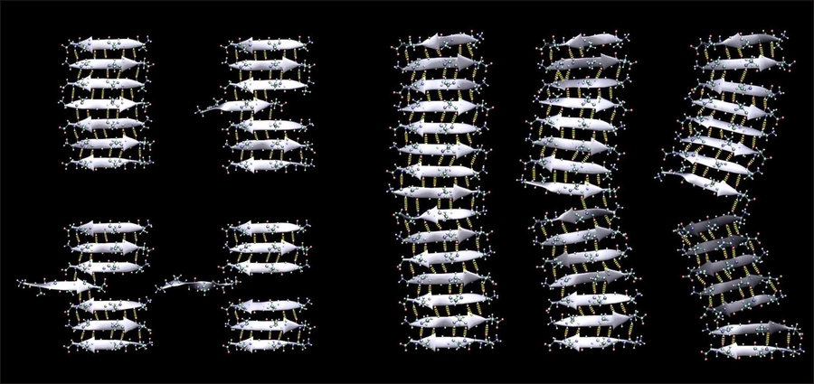 Breaking mechanisms of silk nanocrystals. The left part of the image shows a small crystal, which fails gracefully as a strand is being pulled out. The larger crystal on the right fails catastrophically as a crack forms at the left part.