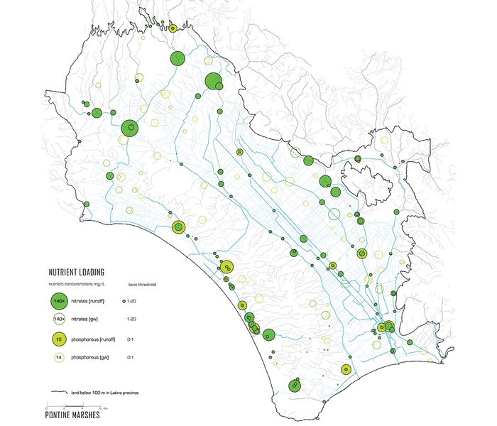 A map of the Pontine Marshes, which cover 300 square miles in Italy’s Lazio region, just south of Rome. The area’s canals, built in the 1930s, have become heavily polluted. The green dots show areas with an excess of nitrates, while the yellow dots indicate an excess of phosphorus.