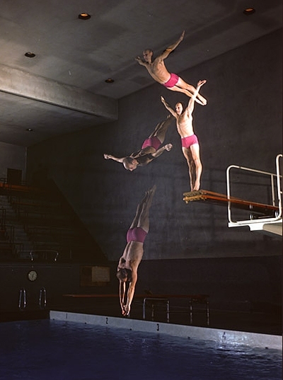 Charles Batterman is shown performing a dive in this stroboscopic photograph taken by Harold Eugene "Doc" Edgerton in 1955 or 1956.