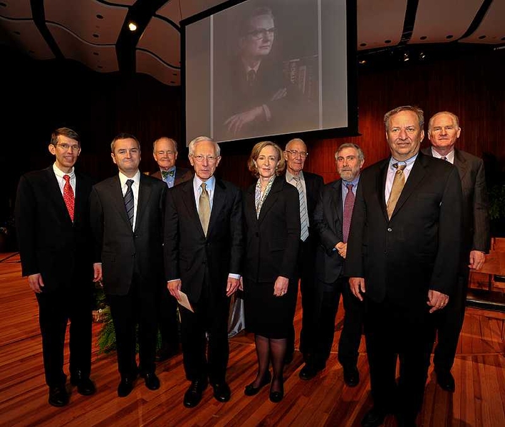 Speakers at the memorial service for Paul A. Samuelson, held at MIT’s Kresge Auditorium on Saturday, April 10:

(From left) James Poterba, Mitsui Professor of Economics at MIT; Ricardo Caballero, Ford International Professor of Economics at MIT and chairman of the Department of Economics; Helmut Weymar; Stanley Fischer, Governor of the Bank of Israel; MIT President Susan Hockfield; Robert Solo...